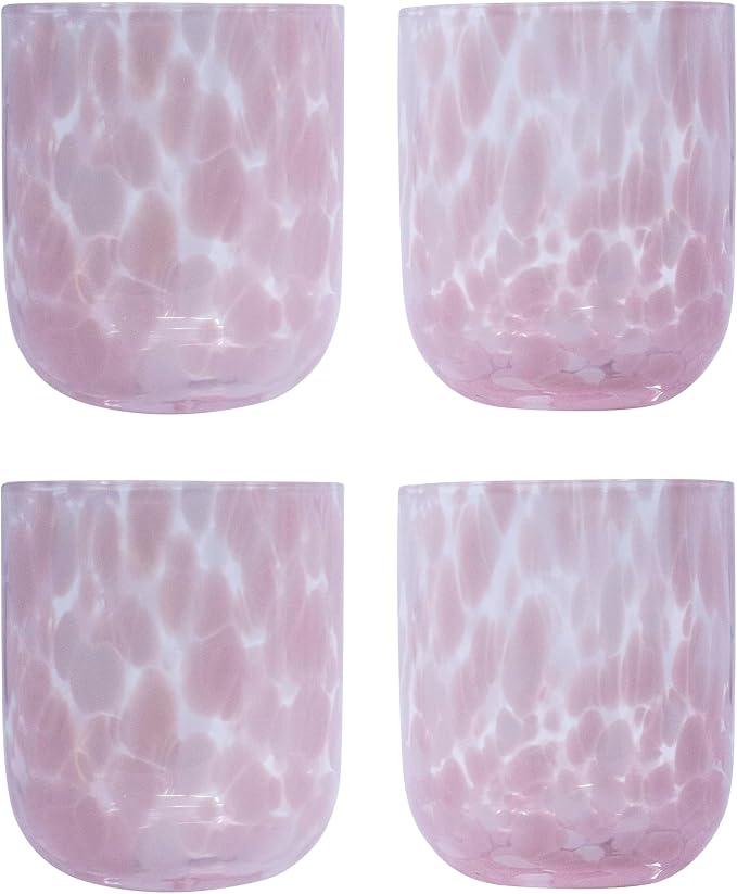 Stephanie Imports Set of 4 Handcrafted Double Old-Fashioned Confetti Drinking Glasses (12 oz) (Baby Pink & White)