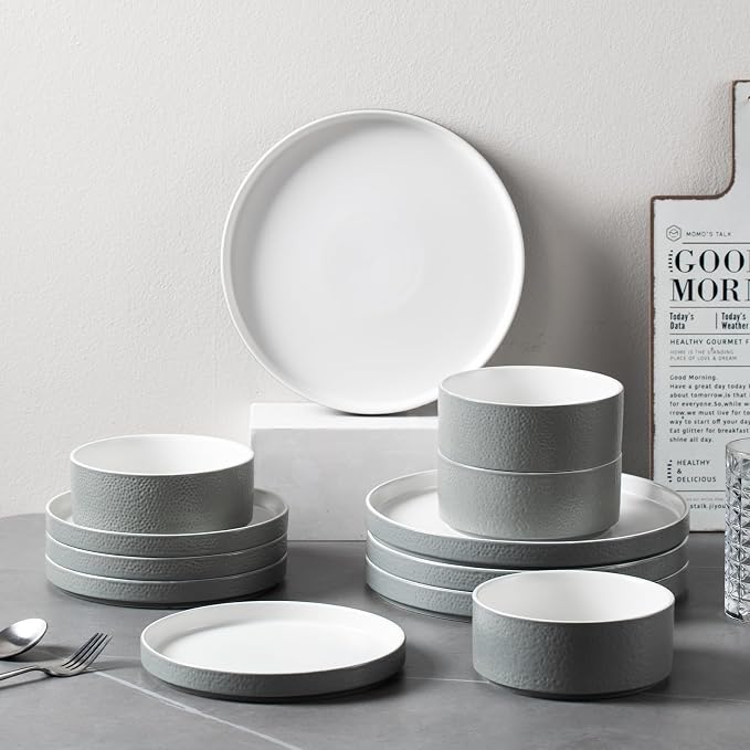 Grey Ceramic Dinnerware Set for 4, 12 Piece Porcelain Plates and Bowls Set, Modern Stoneware Chip and Scratch Resistant Dinner Plate Sets, Everyday Dish Sets, Microwave and Dishwasher Safe