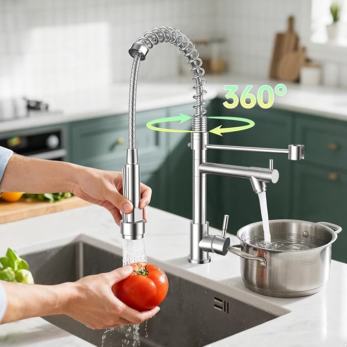 FEELSO Kitchen Faucet with Pull Down Sprayer, Single Handle Stainless Steel Pull Out Spring Kitchen Sink Faucets 1 Or 3 Hole Dual Function for Farmhouse Camper Laundry Utility Rv Wet Bar