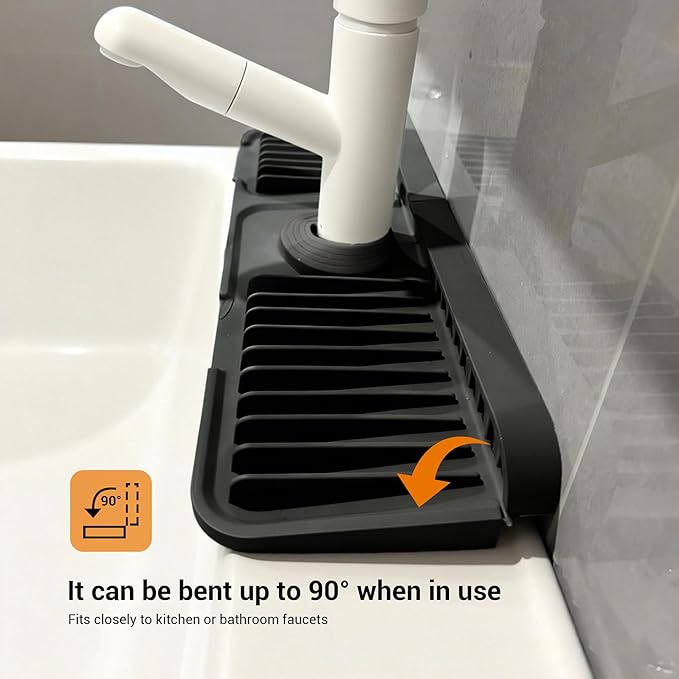 ZJWZLG Faucet Mat for Kitchen Sink, 14"X5.5" Silicone Sink Splash Guard with Soap Holder, Snap-On Design & 7°slope Fast Drain, Folding Sink Faucet Mat for Universal Kitchen Bathroom Sink（Black）