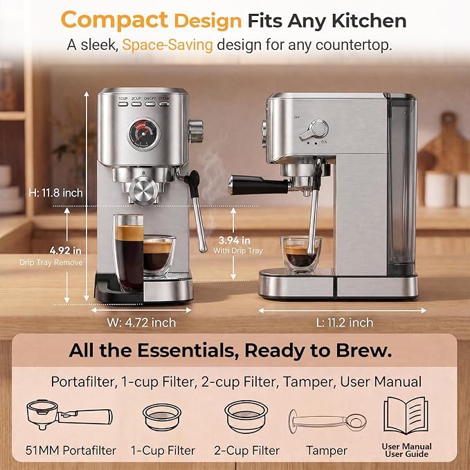 Oaomi Espresso Machine 20 Bar, Compact Expresso Coffee Machines with Milk Frother,Stainless Steel Espresso Maker with 39oz Removable Water Tank for Latte Cappuccino etc (Silver)