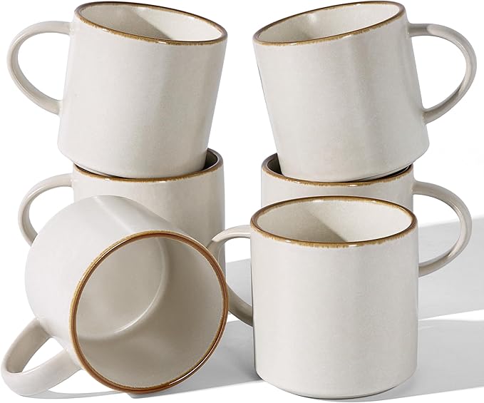 famiware Coffee Mugs Set of 6 Nebula 14oz Coffee Mugs, Ceramic Cup Set with Handle for Latte, Tea, Milk, Cappuccino, Cocoa, Matte Beige White with Brown Rim