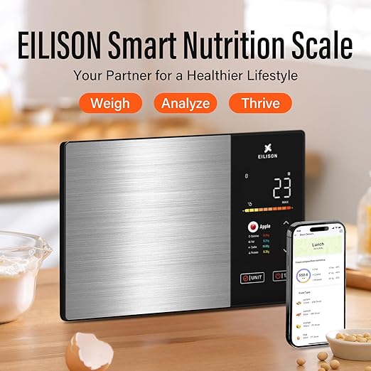 EILISON Smart Kitchen Scale with Nutrition Calculator, Digital Food Scale, Large TFT Color Display, Bluetooth App for 999+ Foods, Calorie Counter & 24 Nutrients Analyzer, 5000g Capacity (Black)