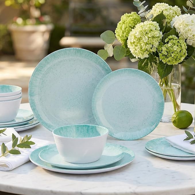 Melamine Dinnerware Set – 4 Dinner Plates, 4 Salad Plates, 4 Cereal Bowls – Shatterproof, Lightweight & Stylish for Everyday Dining, Outdoor, Camping, and RV Use