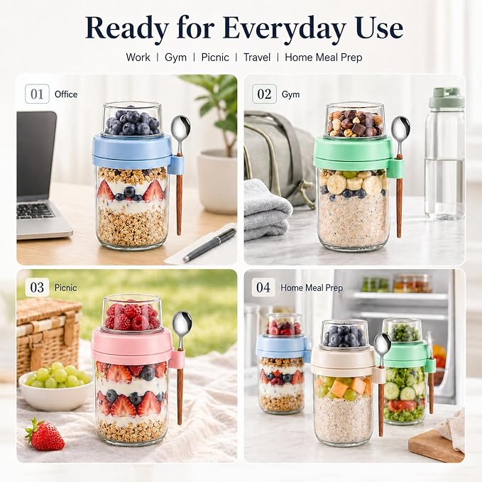 Yogurt Containers with Lids for Granola, 4 Pack Parfait Jars, Food Grade Glass, 20 oz Leakproof Overnight Oats Jars with Compartments for Oatmeal Salad Yogurt, BPA Free