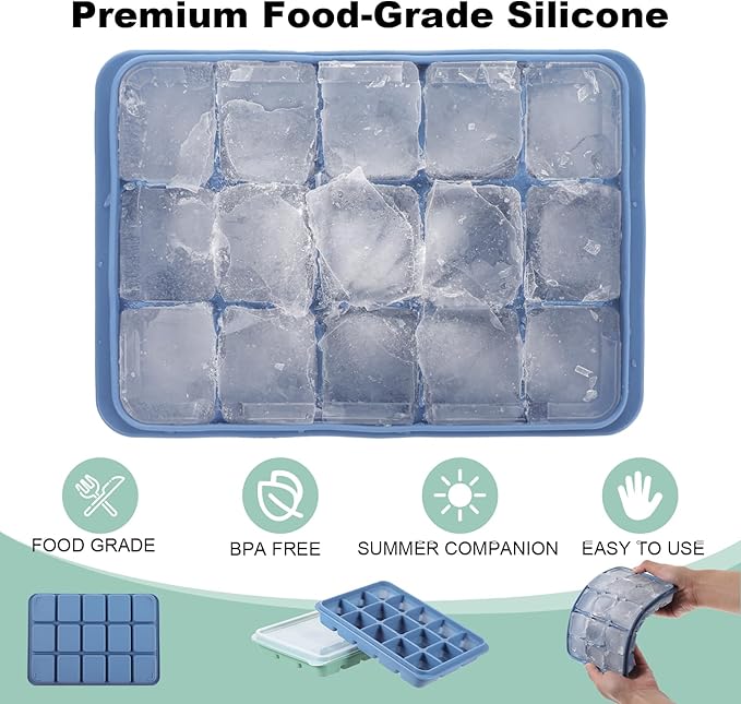 6-Pack Silicone Ice Cube Trays with Lids – Easy Release, Stackable Freezer Ice Molds for Whiskey, Cocktails, Food (Snow Gray, Bamboo Green, Dark Blue)