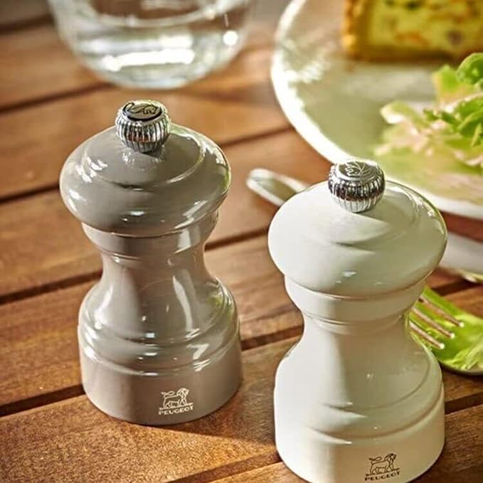 Peugeot Bistro Pepper and Salt Mill Set, 4in - French Design with Adjustable Grinding Precision, Beechwood & Stainless Steel, Enhance Flavors - Durable Cooking Tools (Eggplant/Ivory)