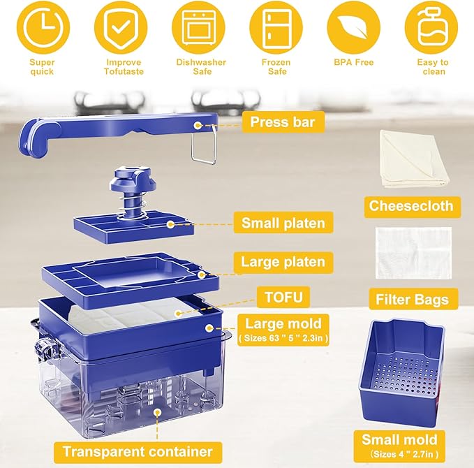 Tofu Press for Vegan, Dishwasher Safe & BPA Free Tofu Press Adjustable Tofu Maker for Firm or Extra Firm Tofu 2 Level Pressure Tofu Press Box with Water Drainer BPA Free