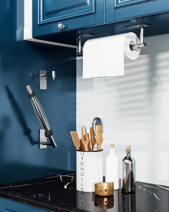 Paper Towel Holder Under Cabinet, Single Hand Operable Easy Tear Wall Mount with Damping Effect, Self-Adhesive or Drilled for Kitchen Bathroom (Sliver)