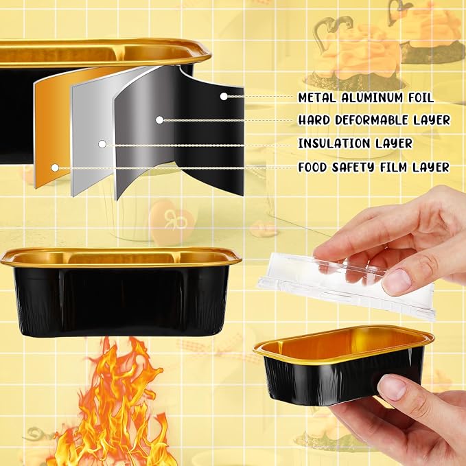 Vesici 100 Sets Mini Loaf Pans with Lids, 5.7 oz Disposable Aluminum Foil Baking Cups, Rectangle Cake Pans for Pudding Desserts Muffin Baking Storage Birthday Party(Black Gold)