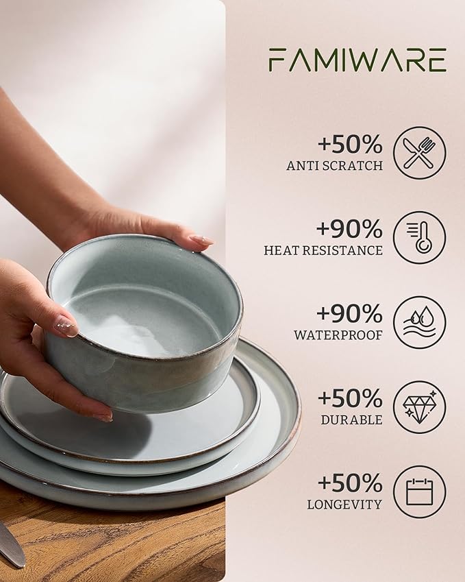 Famiware Annecy Plates and Bowls Sets, Service for 4 (16 Pieces), Dinnerware Sets with Pasta Bowls, Microwave and Dishwasher Safe Dishes Set, Chip and Scratch Resistant, Grey Blue
