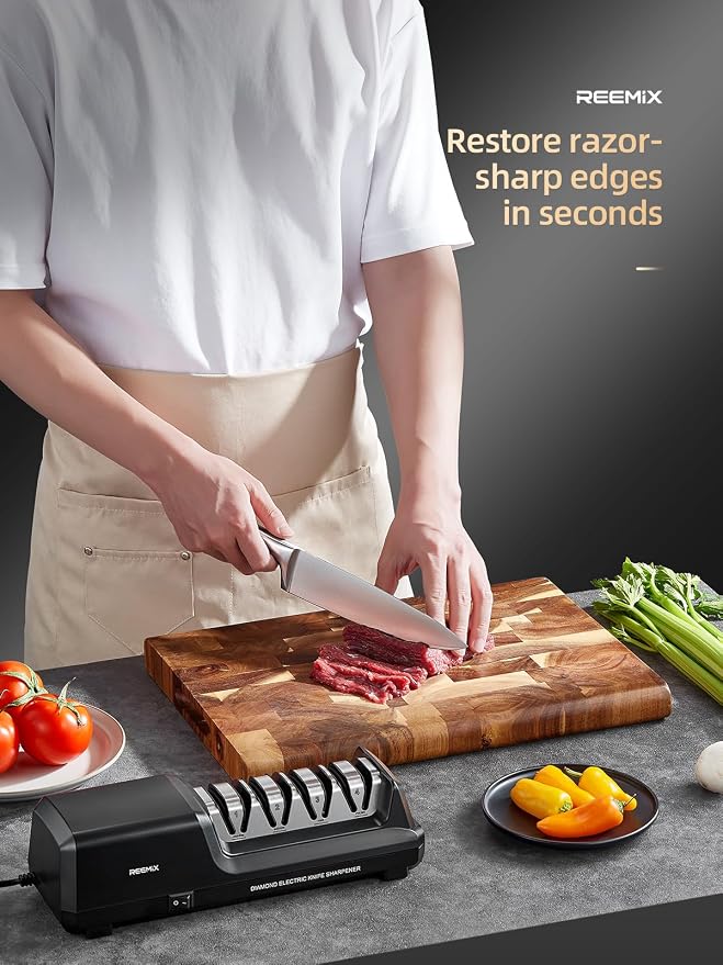 Reemix Electric Knife Sharpener with 4-Stage Sharpening (Repair, Coarse, Medium, Fine & Polish), 20° Fixed Angle, Non-Slip Base & Metal Shavings Collector for Kitchen Knives (Black)