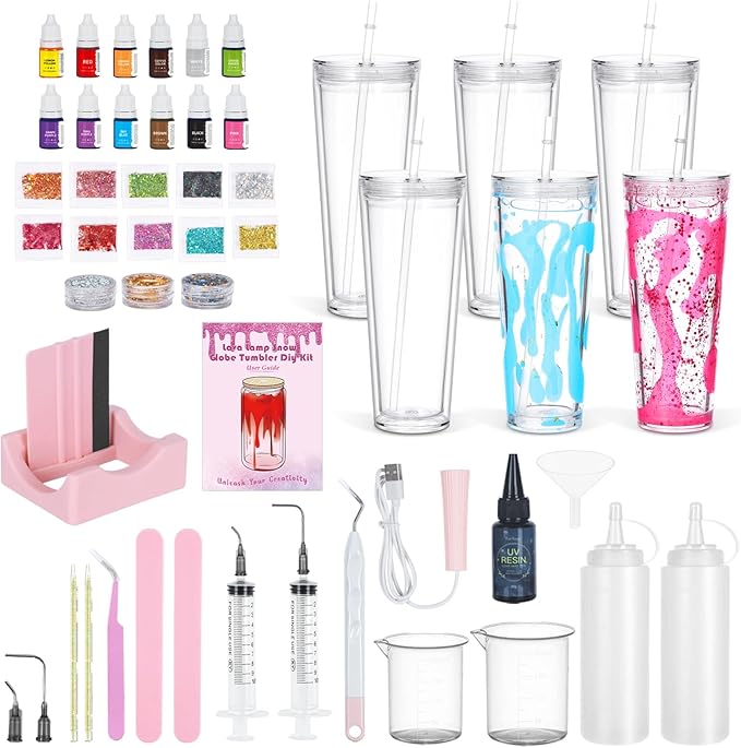 6 Pack 24 Oz Acrylic Lava Lamp Snow Globe Tumbler Diy Starter Kit, Double Wall Plastic Pre-Drilled Snowglobe Tumbler Supplies Craft Tool Set
