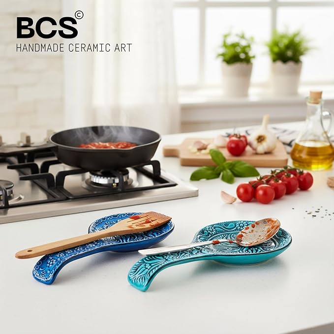 BCS Spoon Rest Set of 2 - Ceramic Spoon Holder for Stovetop & Kitchen Counter - Dishwasher Safe Handmade Kitchen Utensil (Turquoise 4.5" W x 9" L)