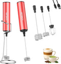 Rechargeable Milk Frother with Stand, Electric Whisks Foam Maker, POWERFUL USB C 2 Speed Handheld Drink Mixer for Coffee, Latte, Cappuccino, Matcha Drinks,Red