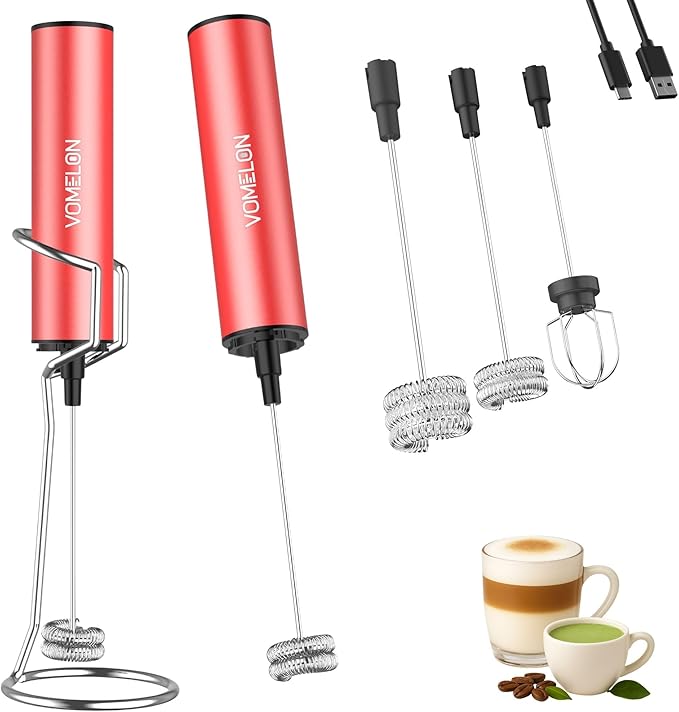 Rechargeable Milk Frother with Stand, Electric Whisks Foam Maker, POWERFUL USB C 2 Speed Handheld Drink Mixer for Coffee, Latte, Cappuccino, Matcha Drinks,Red