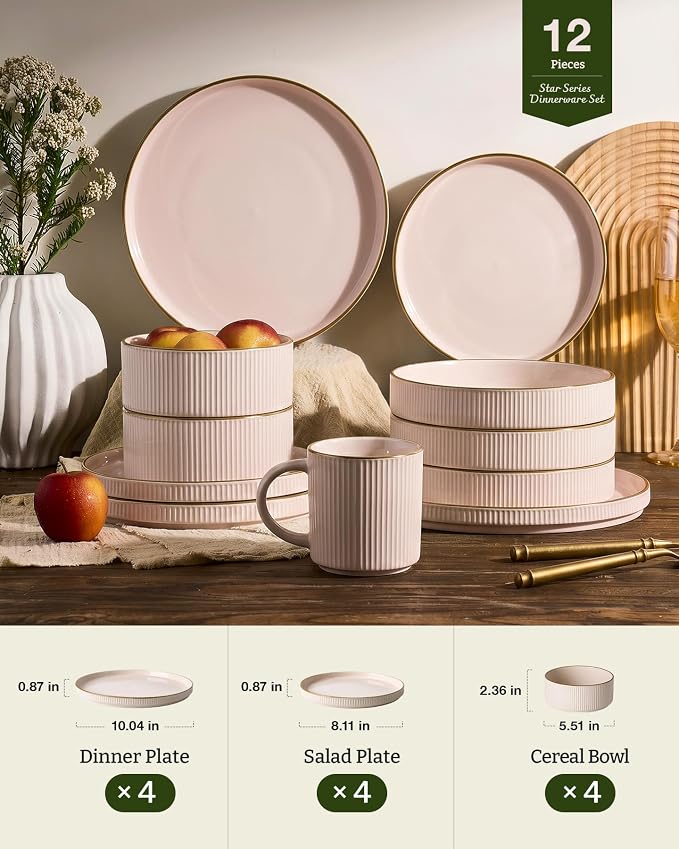 Famiware Star 12-Piece Stoneware Dinnerware Set for 4 – Pink, Ribbed Ceramic Plates and Bowls with Rim – Modern Rustic Dishes, Everyday & Formal – Chip & Scratch Resistant, Microwave & Dishwasher Safe