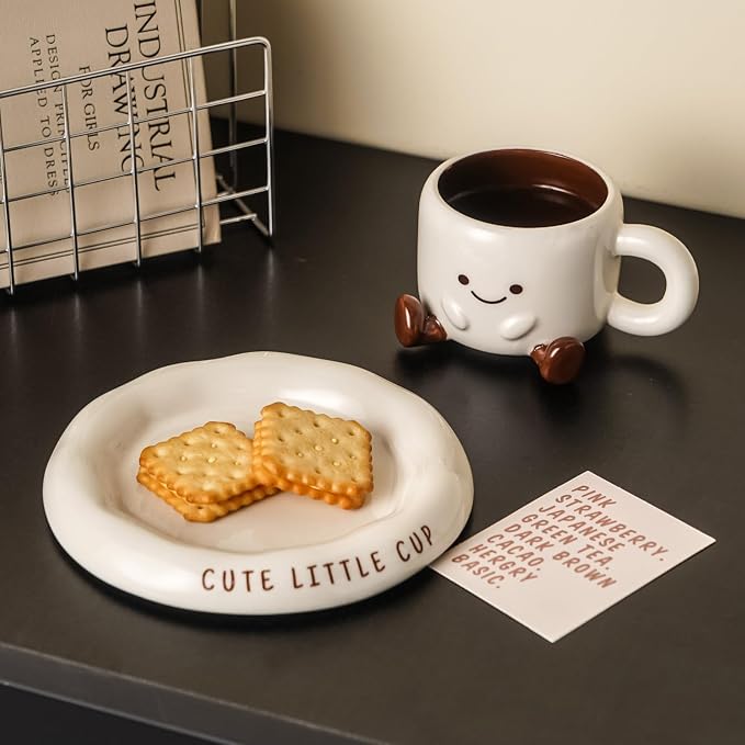 Ceramic Coffee Mug with Saucer Set, 6.8oz Cute 3D Ceramic Mug with Saucer, Face Tea Cup Espresso Cups for Coffee Tea Hot Chocolate, Microwave & Dishwasher Safe (White)