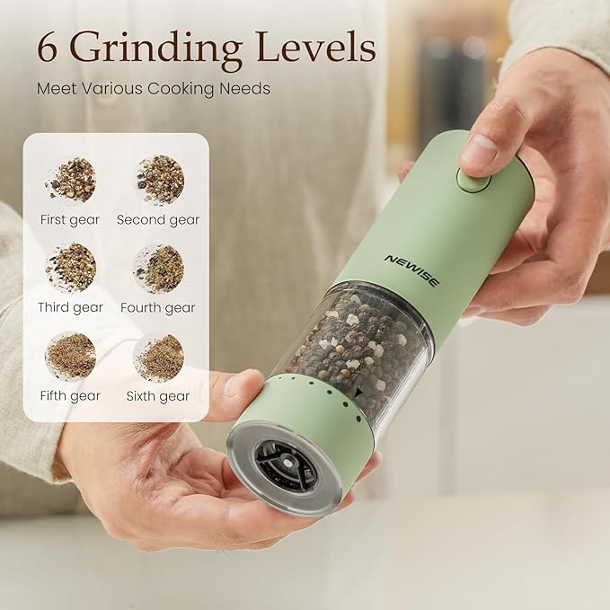 Newise Electric Salt and Pepper Grinder Set Rechargeable with LED Lights, Automatic Pepper & Salt Mill, Adjustable Coarseness, Large Capacity, Green
