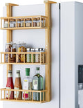 Hanging Spice Rack for Refrigerator - 3 Tier Bamboo Kitchen Counter Shelf Organizer for Can Seasoning Storage, Adhesive to Fridge & Pantry Side