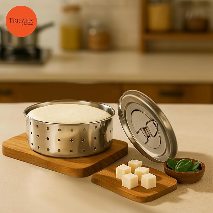 Trisara Stainless Steel Round Paneer Maker/Mould with Lid | 14 cm |Size 4 | Curd/Cheese/Tofu Maker | Strainer for Paneer/Tofu | Homemade Paneer Press/Machine