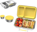 Stainless Steel Bento Box for Adults, 22.6 oz Compact 2-Compartment Metal Lunch Box with 2 Containers, BPA-Free Portion Control Food Container for Work and Travel, Dishwasher Safe(Yellow)