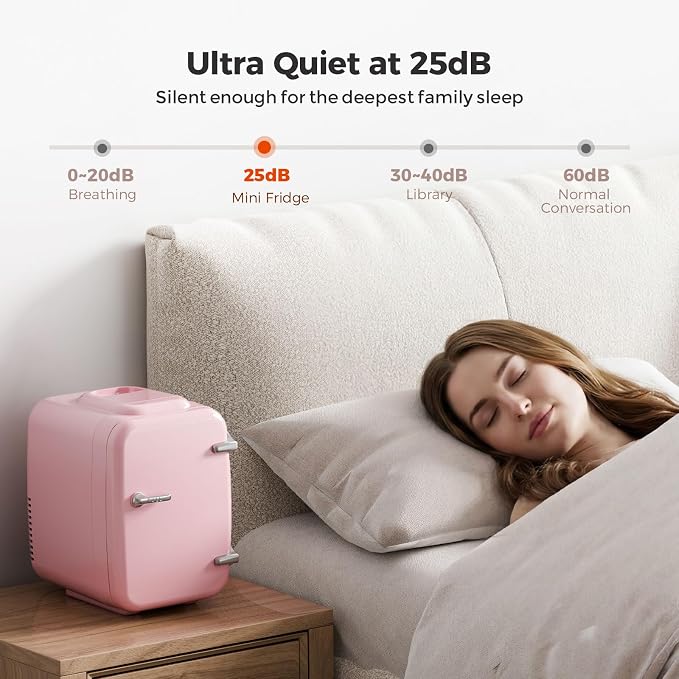 OSTBA Mini Fridge, 4 Liter/6 Can Mini Makeup Fridge, 110V AC/ 12V DC Portable Thermoelectric Cooler&Warmer for Skincare, Drink, Cosmetic, Medicine, Small fridge for Bedroom, Office, Dorm, Car, Pink