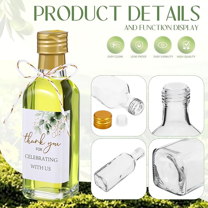 Reallnaive 30 Pack 3 oz Mini Glass Olive Oil Bottles Set, Gold Homemade Wedding Sauce Gift Bottles Leakproof Screw Cap, Thank You Wedding Stickers for Storing Oil Honey Bridal Baby Shower Favors