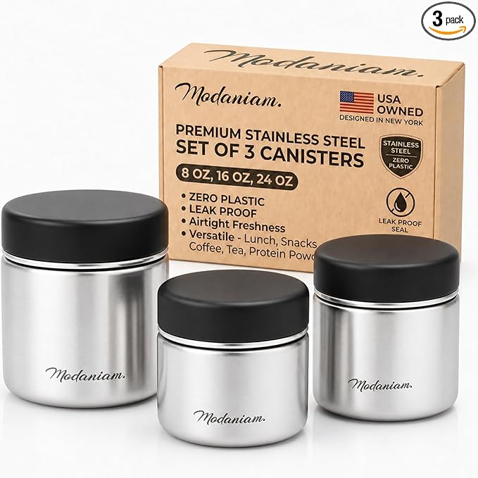 Modaniam Stainless Steel Canister Set with Airtight Lid - Set of 3-8OZ, 16 OZ, 24oz, Coffe, Tea, lunch, Snacks, Metal Containers, Leak Proof Travel Lunch Containers,Kitchen Food Jars