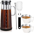 Cold Brew Coffee Maker 1.4L/48oz with Extended Filter & 2 Pcs Stainless Steel Espresso Cup (White), Coffee Brewing Set with Cleaning Brush, Stirring Spoon & 3.4oz/100ml Dual Scale Measuring Cup
