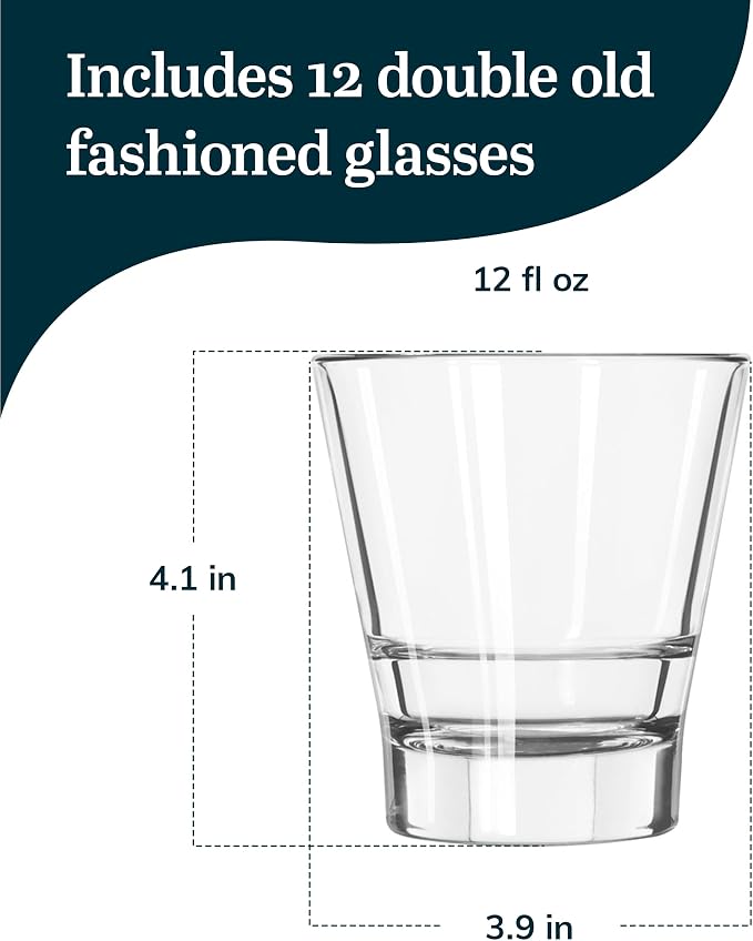 Libbey Endeavor Stacking Double Old Fashioned Glasses, 12 oz, Clear Drinking Glasses Set of 12, Modern Rocks Glass Set for Mixed Drinks and Spirits.