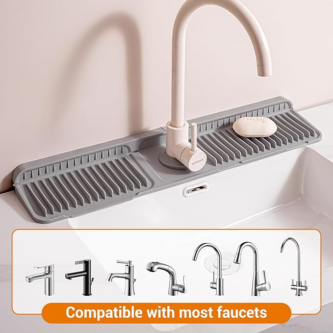ZJWZLG Faucet Mat for Kitchen Sink, 24"X5.5" Silicone Sink Splash Guard with Soap Holder, Snap-On Design & 7°slope Fast Drain, Folding Sink Faucet Mat for Universal Kitchen Bathroom Sink（Grey）