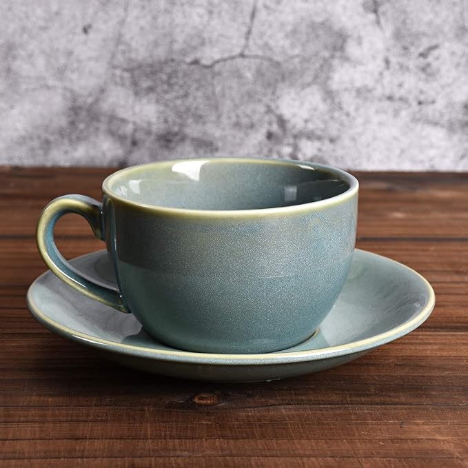 Bosmarlin Ceramic Coffee Cup Mug with Saucer Set of 2 for Latte, Cappuccino, Tea, 8.5 Oz, Dishwasher and Microwave Safe(Sage Green, 2)