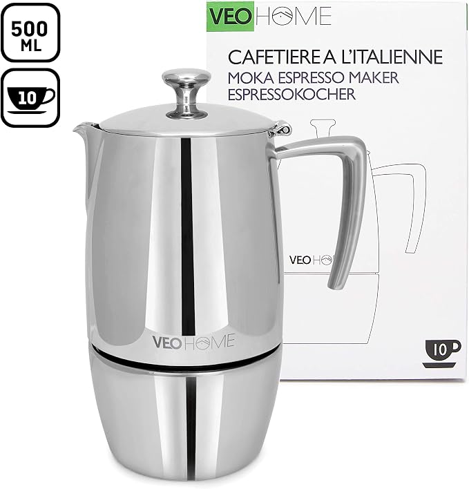 VeoHome Stovetop Espresso Coffee Maker - 10 Cups 500ml Multi-Stove Stainless Steel Induction Moka Pot - Unbreakable and Dishwasher-Safe Italian Style Caffe Machine