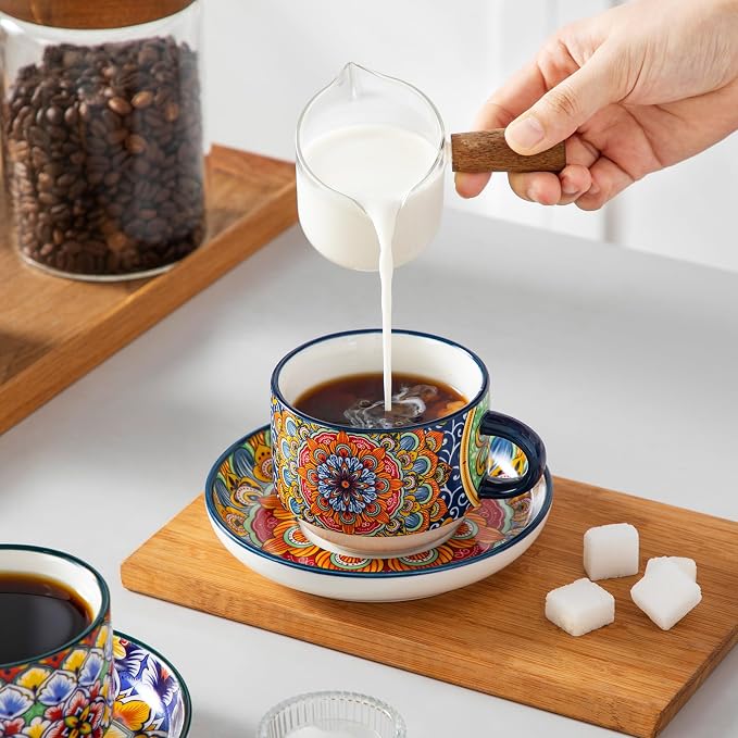 vancasso 8 Oz Stackable Espresso Cups with Saucers and Metal Stand Set of 4,Bohemian Ceramic Cappuccino Cups - Microwave and Dishwasher Safe, Perfect For Tea, Espresso, Latte, Cafe-03