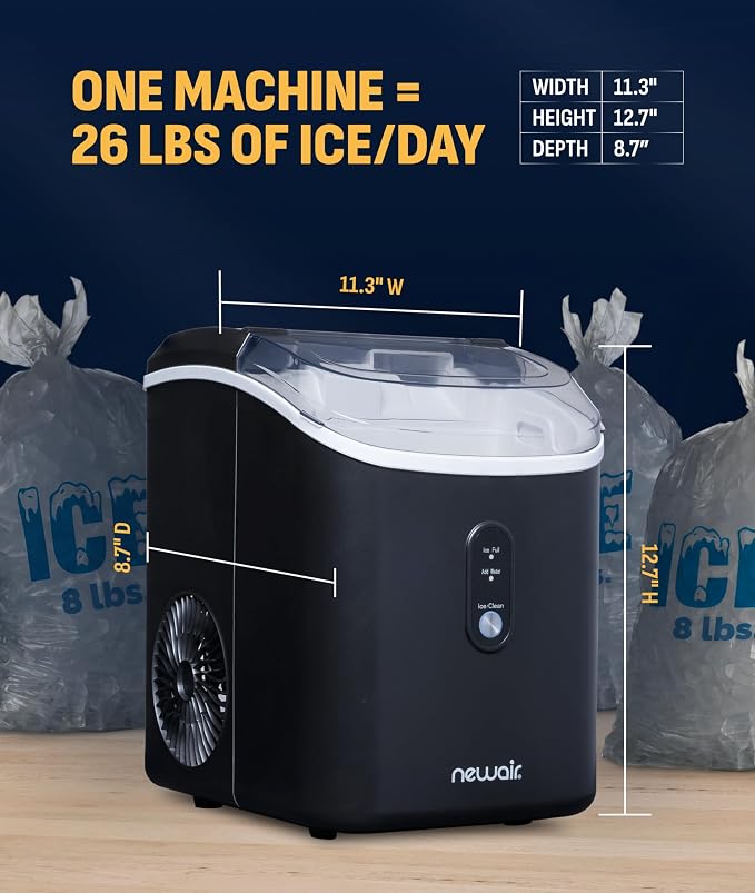 NewAir Nugget Ice Maker | Countertop Portable Ice Machine | 26 lbs/Day Soft Chewable Nugget Ice in 10 Min | Matte Black Compact Design