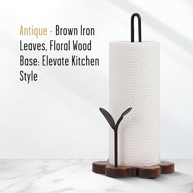 Wooden Paper Towel Holder Countertop, Floral Base with Dual Iron Rods in Antique Brown Finish, Leaf-Shaped Accent, Stable & Durable, Non Slip Pads, Elegant Kitchen/Dining Décor