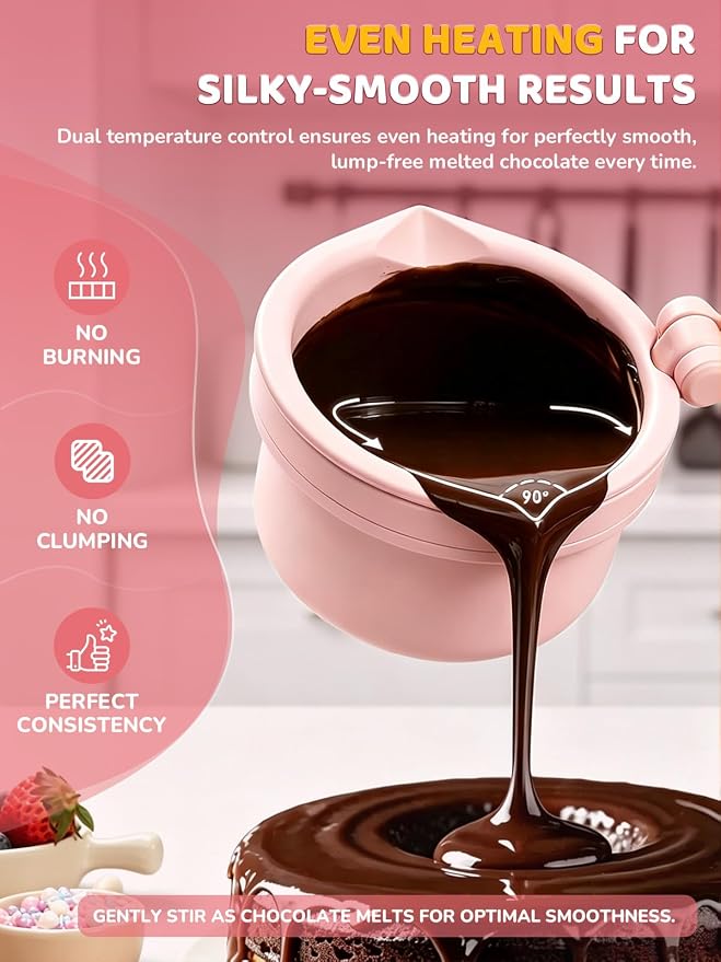LUSHYUM Electric Chocolate Melting Pot with 2 Insert Pots, 4-Cup Chocolate | Even Heating & Fast Melting, BPA-Free Silicone, Easy Clean, Less Waste, Ideal for Chocolate & Candy Melts, Parties & Fondue
