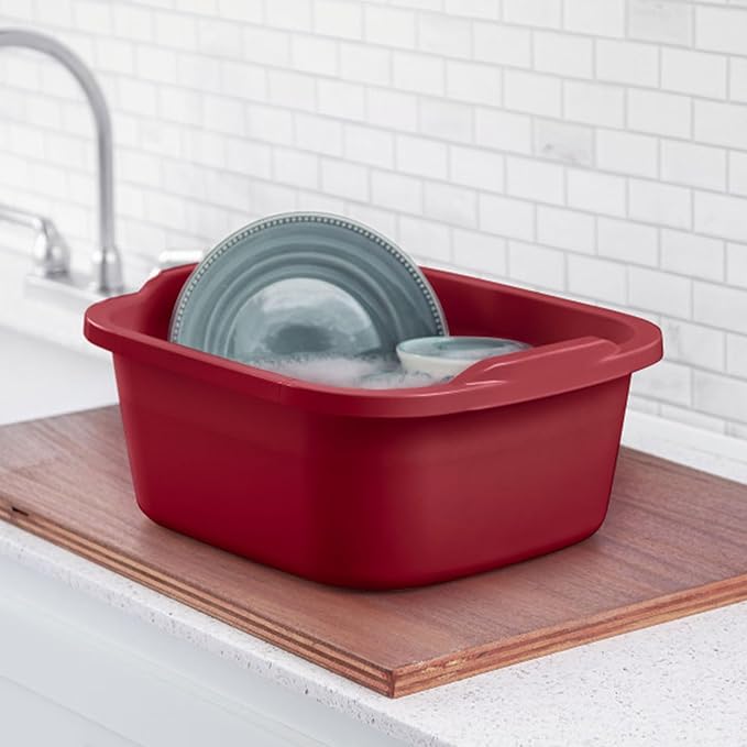 Sterilite Convenient Extra Large Heavy Duty Multi-Functional Home 12 Quart Standard Sink Dish Washing Plastic Storage Pan, Red (16 Pack)