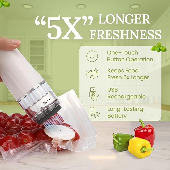 Handheld Vacuum Sealer for Food Storage - Vacuum Storage Bags and Machine - 30 Reusable Freezer Bags - USB Rechargeable - Mini Bag Sealer - Kitchen Gadgets for Meal Prep Essentials