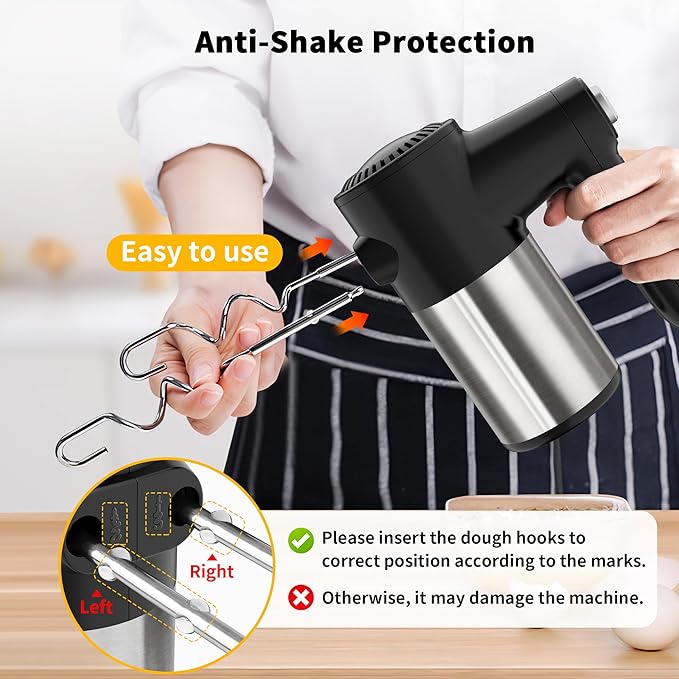 Cordless Electric Hand Mixer, 7 Speed Rechargeable Wireless Handheld Mixer with Eject Button, Long Battery, Quiet Anti-Splash, 6×304 Stainless Steel Attachments & Storage Base for Baking (Black)