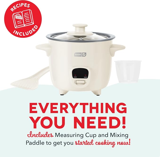Dash Mini Rice Cooker | Small Rice Maker, 2 Cups Cooked / 1 Cup Uncooked, Ceramic Nonstick Removable Pot, Keep Warm Function, Compact and Portable for Dorm, Travel, Single Serve, Cream