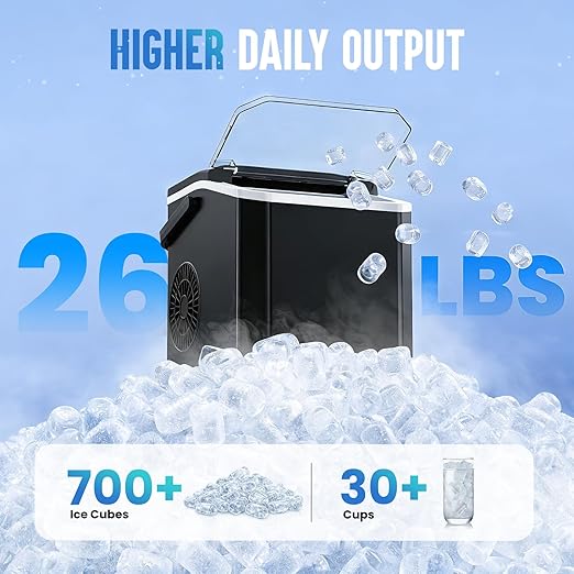 INOVIVA Portable Countertop Ice Maker, 26.5Lbs/24H Bullet Ice Machine, 6 Mins Fast Ice Making, 2 Ice Sizes, Self-Cleaning, Detachable Basket, Compact Ice Maker for Home, Kitchen, Office, RV
