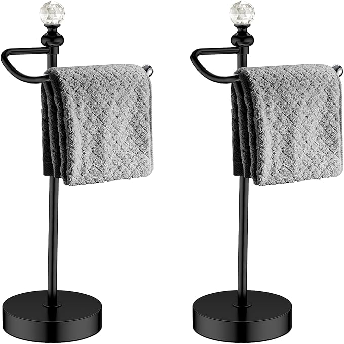 ROLABAM Bath Hand Towel Holder Stand, 2 Pack Stainless Steel Black Towel Rack Hand Holder for Bathroom, Small Countertop Free Standing Hand Towel Rack with Heavy Base (Matte Black, 2 Pack)