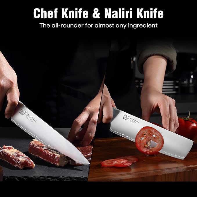 PAUDIN Kitchen Knife Set, Ultra-Sharp Damascus Clad Steel Knives for Meat and Vegetables, Ergonomic Wooden Handle,62 HRC Modern Kitchen Chef Knife Set for Cooking,BBQ,Meal Prep,Gifts for Men and Women