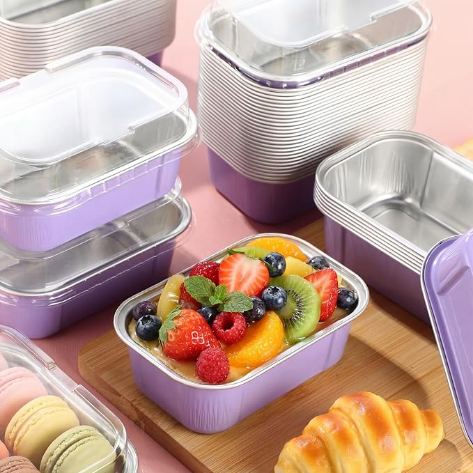 Vesici 100 Sets Mini Loaf Pans with Lids, 5.7 oz Disposable Aluminum Foil Baking Cups, Rectangle Cake Pans for Baking Storage Birthday Party(Purple)