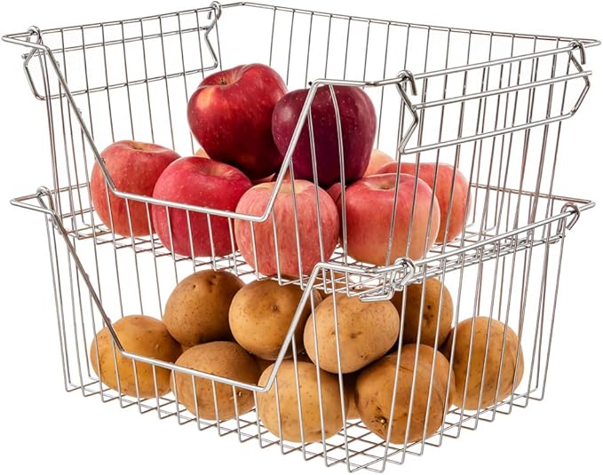 Stackable Wire Metal Baskets Fruit Vegetable Organization Pantry Cabinet Metal Bin Large Basket Shelves Storage for Kitchen Freezer, Set of 2
