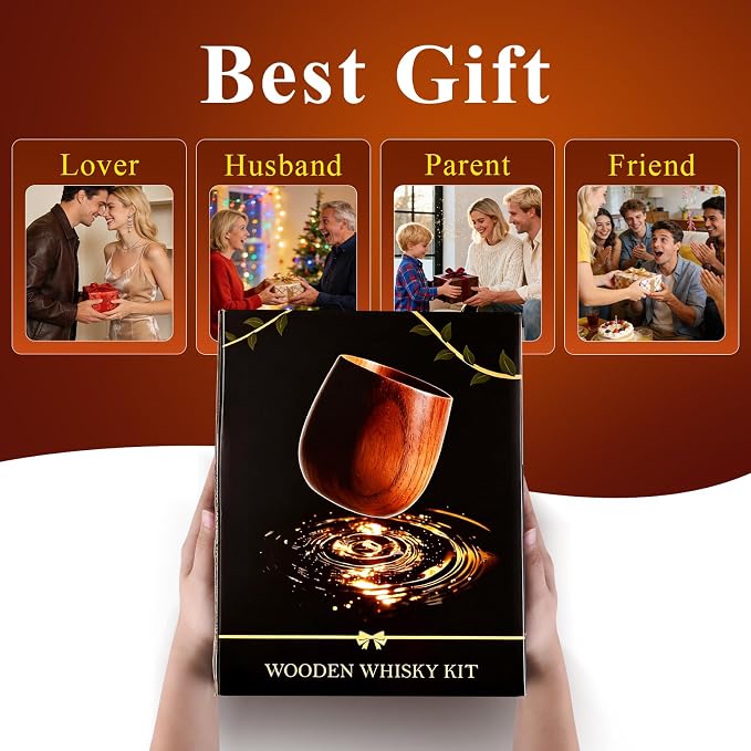 Charred Wooden Bourbon Drinking Glass - Premium Bourbon Gifts for Men - Handcrafted Wooden Whiskey Glasses & Whisky Tumbler for Whiskey Lovers Dad Boyfriend Husband Friend