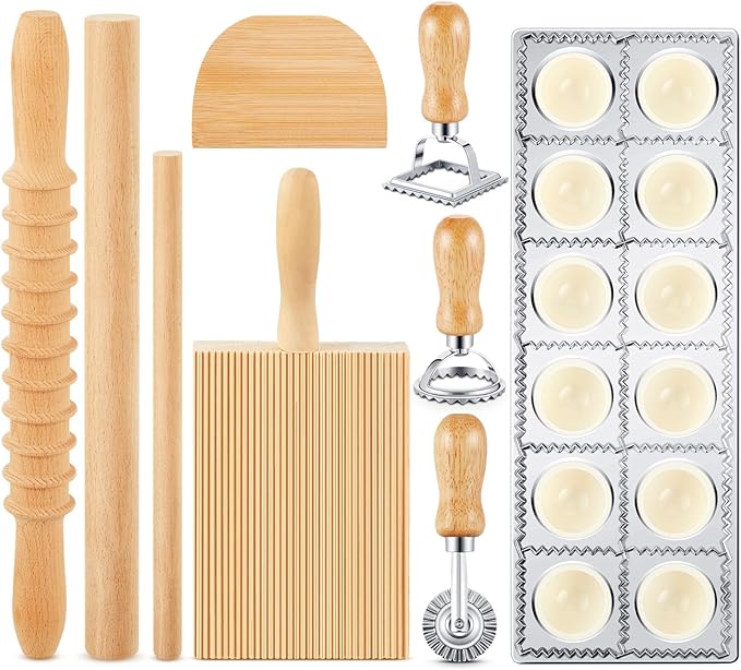 Tioncy 9 Pcs Pasta Making Tool Set Wood Gnocchi Board with Ravioli Mold Raviolo Maker Raviolo Stamp Rolling Pin Gnocco Maker for Home Cooks Kitchen Gift (Classic Gnocchi Board with Ravioli Mold Set)