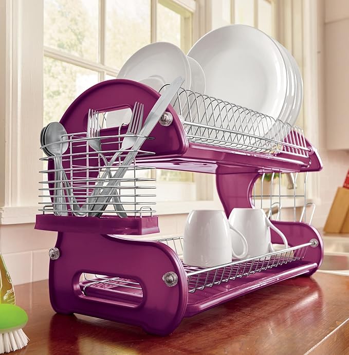 Montgomery Ward Retro 2-Tier Dish Rack, Space-Saving Design, Durable Plastic and Chrome-Plated Wire, Easy Assembly (Purple Punch)